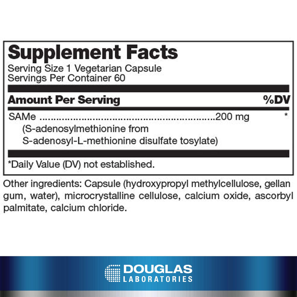 Douglas Laboratories SAM-e capsule closeup showcases convenient, easy-to-swallow dosage for daily use.