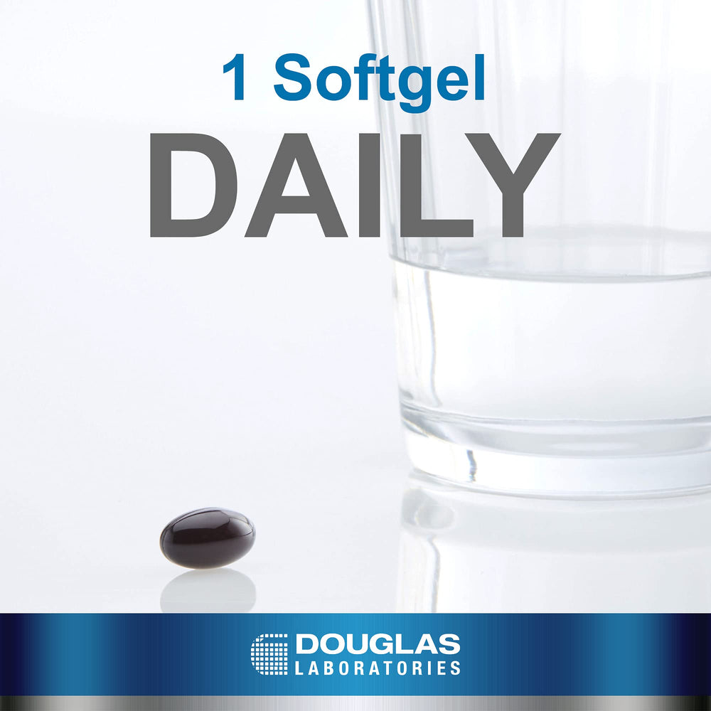 Douglas Laboratories Ubiquinol-QH label highlighting GMP quality and GMO-free commitment.
