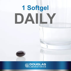 Douglas Laboratories Ubiquinol-QH label highlighting GMP quality and GMO-free commitment.
