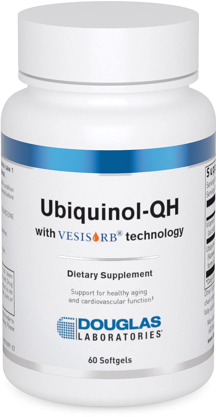 Douglas Laboratories Ubiquinol-QH softgel bottle displayed for aging and heart health support.