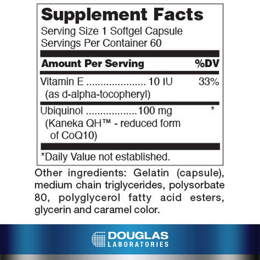 Douglas Laboratories Ubiquinol-QH softgels close-up emphasizing reduced CoQ10 form.