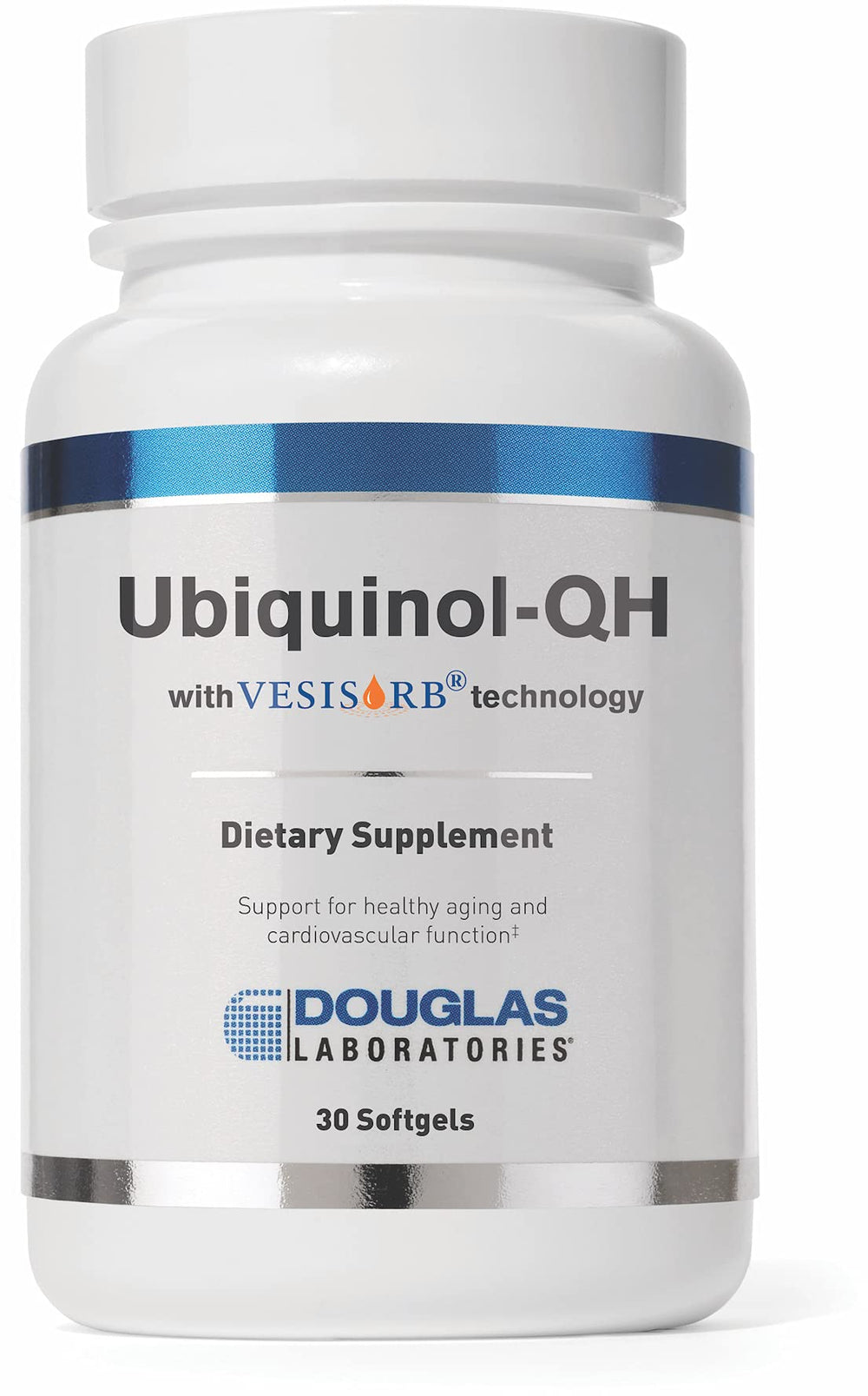 Douglas Laboratories Ubiquinol-QH bottle shows premium CoQ10 for healthy aging and heart support.