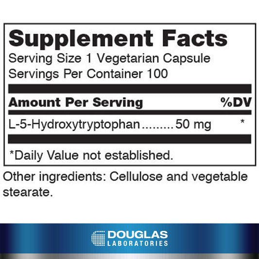 Close-up of Douglas Laboratories 5-HTP capsules for convenient daily supplementation.