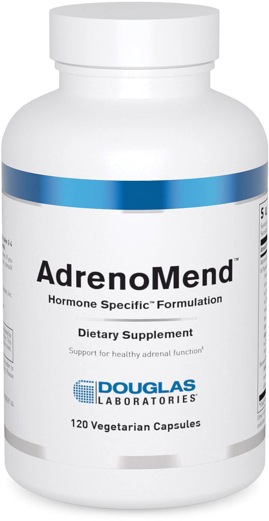 Douglas Laboratories AdrenoMend bottle front promoting adrenal support with adaptogenic blend.