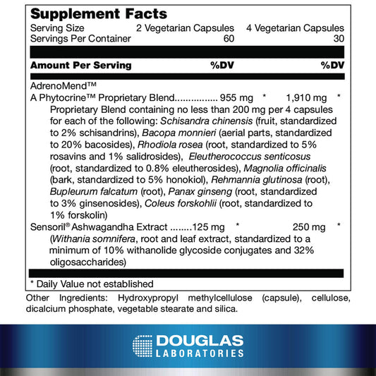 Douglas Laboratories AdrenoMend capsules arranged, highlighting vegetarian formula for daily stress support.