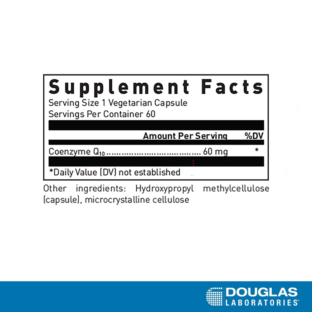 Douglas Laboratories CoQ10 capsules closeup highlighting compact supplement for mitochondrial energy.