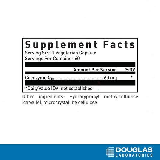 Douglas Laboratories CoQ10 capsules closeup highlighting compact supplement for mitochondrial energy.