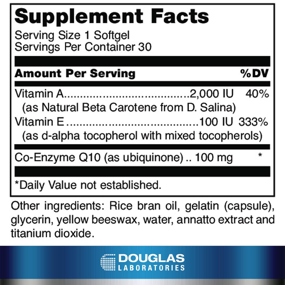 Douglas Laboratories CoQ10 Plus softgels top view, emphasizing enhanced absorption from rice bran oil