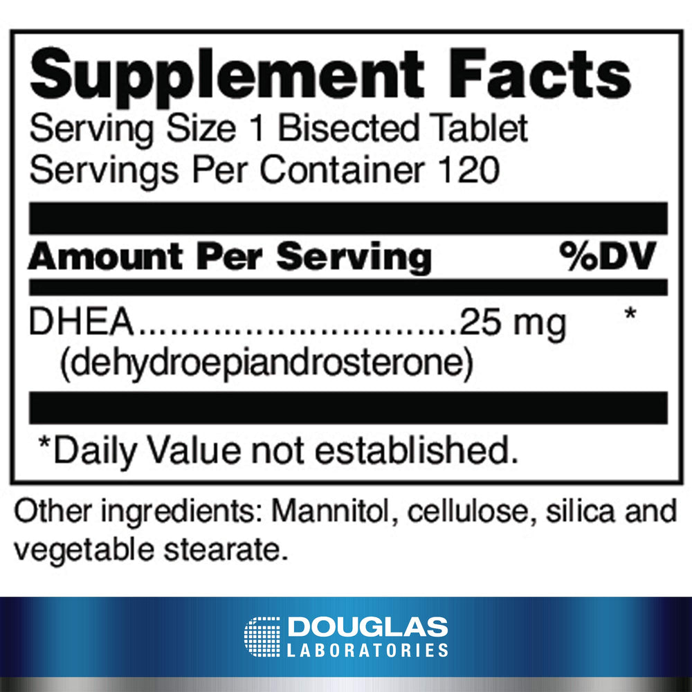 Douglas Laboratories DHEA 25 mg tablets dissolving in water for quick absorption.