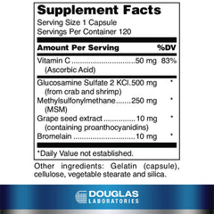 Douglas Laboratories Glucosamine MSM Forte bottle back shows supplement details for aging joints
