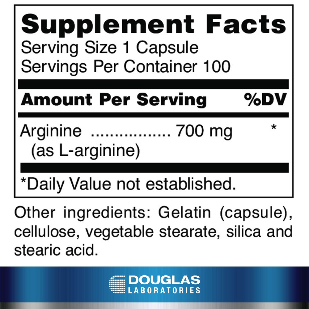 Close-up of Douglas Laboratories L-Arginine capsules showing simple supplement form.