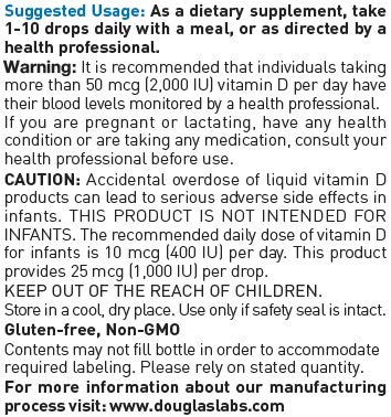 Douglas Laboratories Liquid Vitamin D3 label close-up shows dosage information.