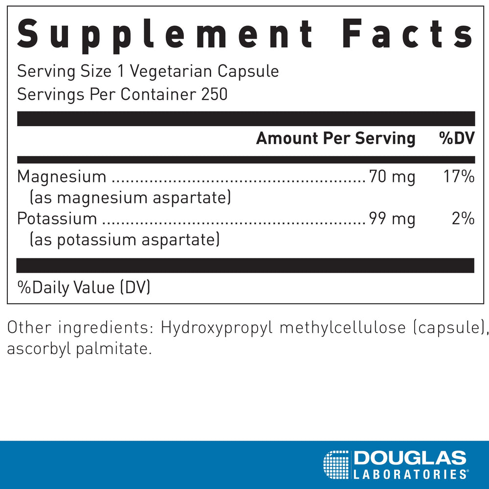 Douglas Laboratories capsules closeup showing easy-to-swallow magnesium/potassium aspartate capsules for daily mineral support