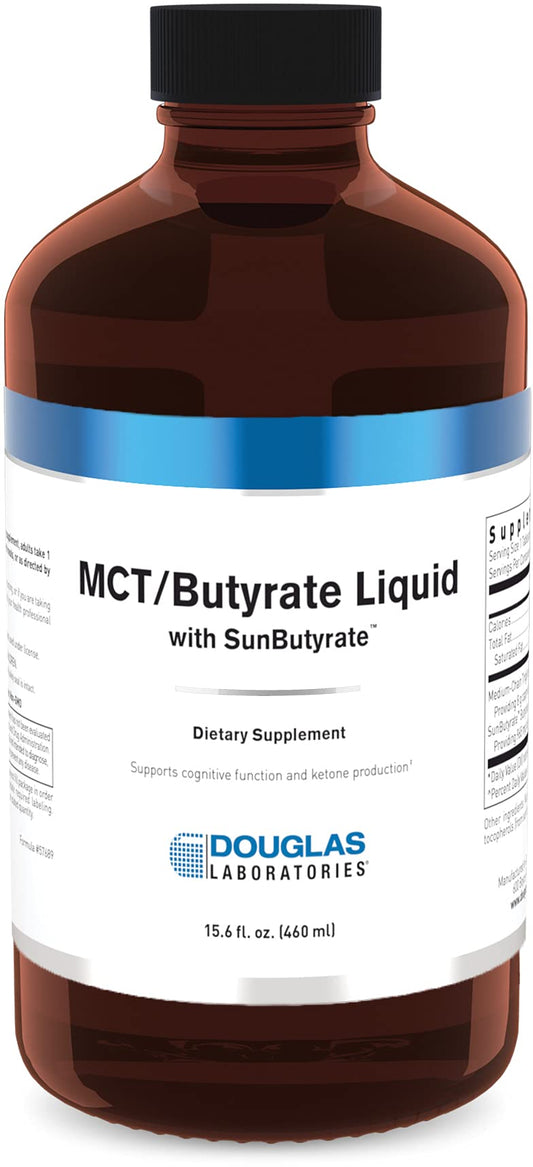 Douglas Laboratories MCT/Butyrate Liquid bottle with lemon vanilla flavor for easy daily energy support.