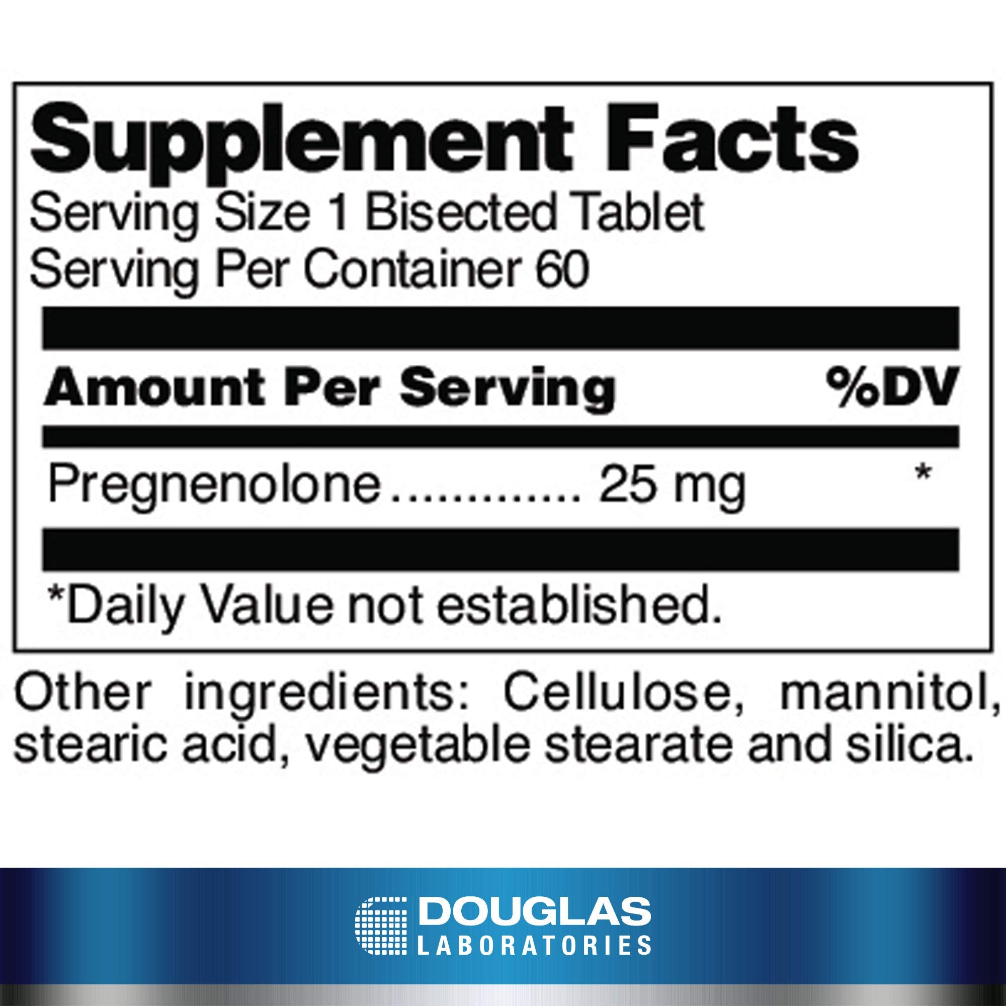 Back label on Douglas Laboratories Pregnenolone 25 mg tablets with daily dosing guidance.