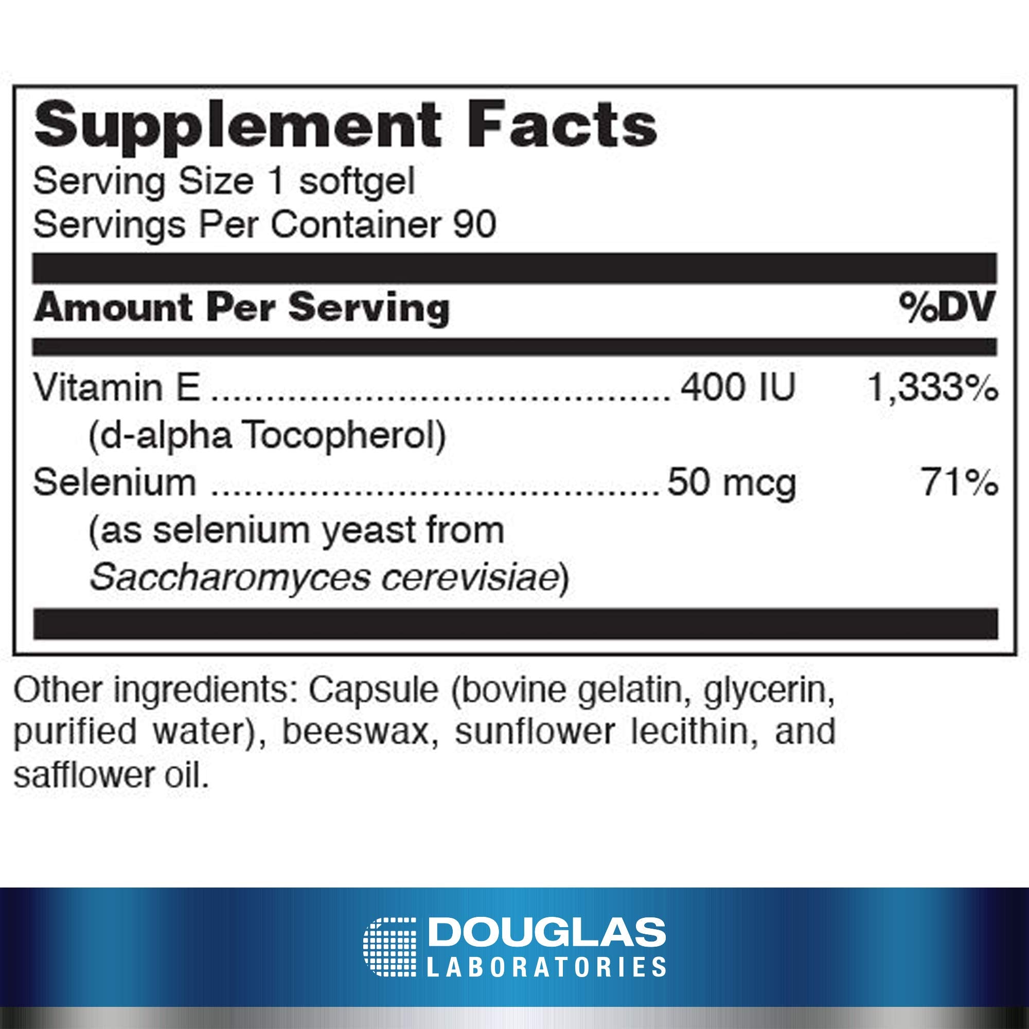 Douglas Laboratories Selenium + Vitamin E bottle side view for easy supplement reference.