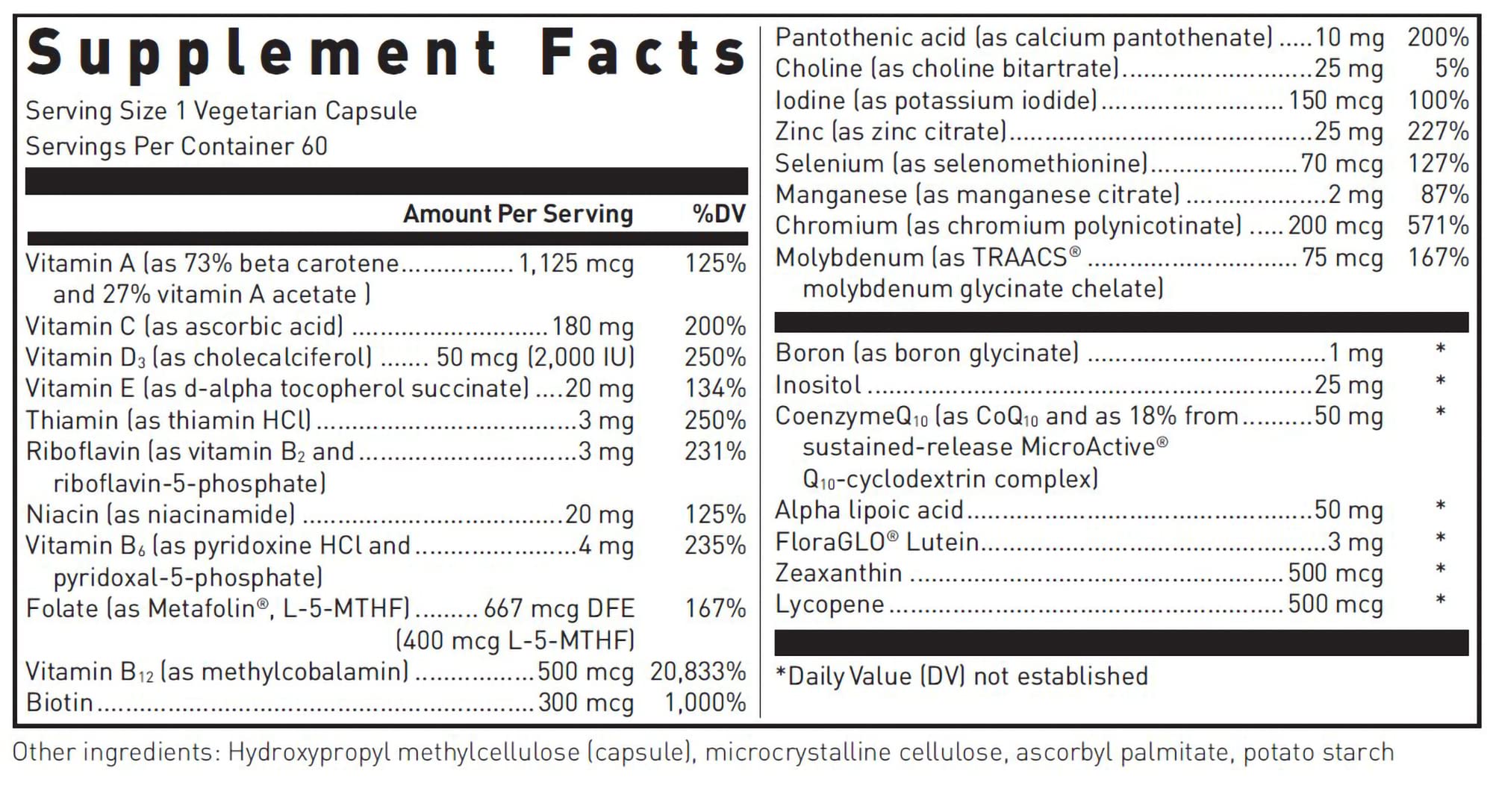 Douglas Laboratories Ultra Preventive 1 Daily bottle side view showing dosage for daily energy support.