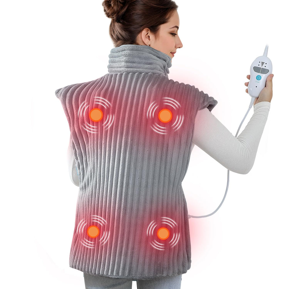 Dowin heating pad with massager showing full coverage for neck, shoulders, and back.