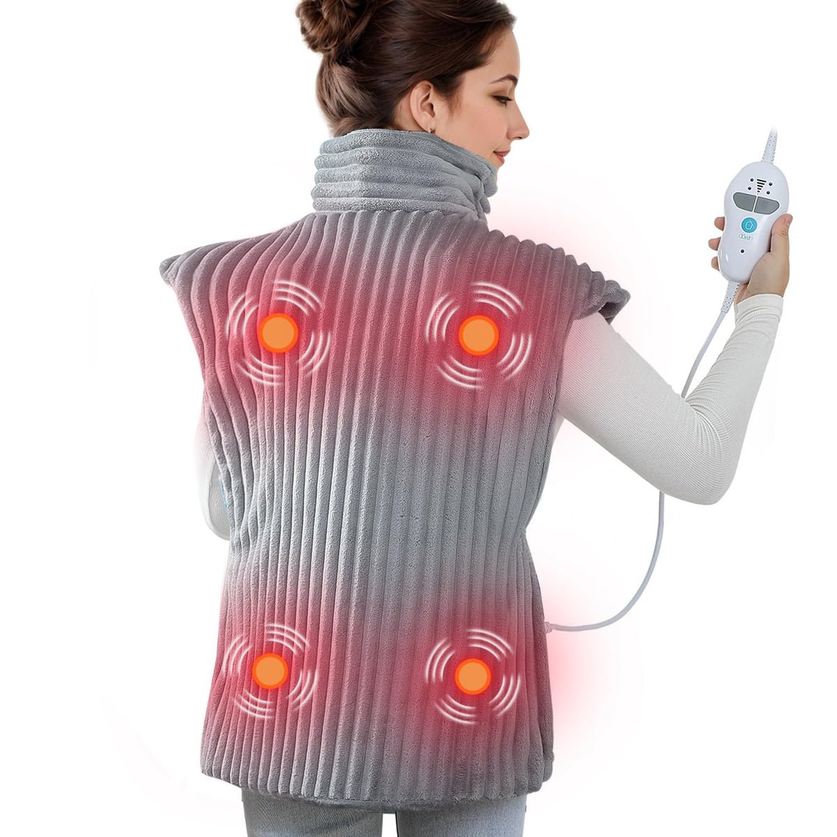 Dowin heating pad with massager showing full coverage for neck, shoulders, and back.