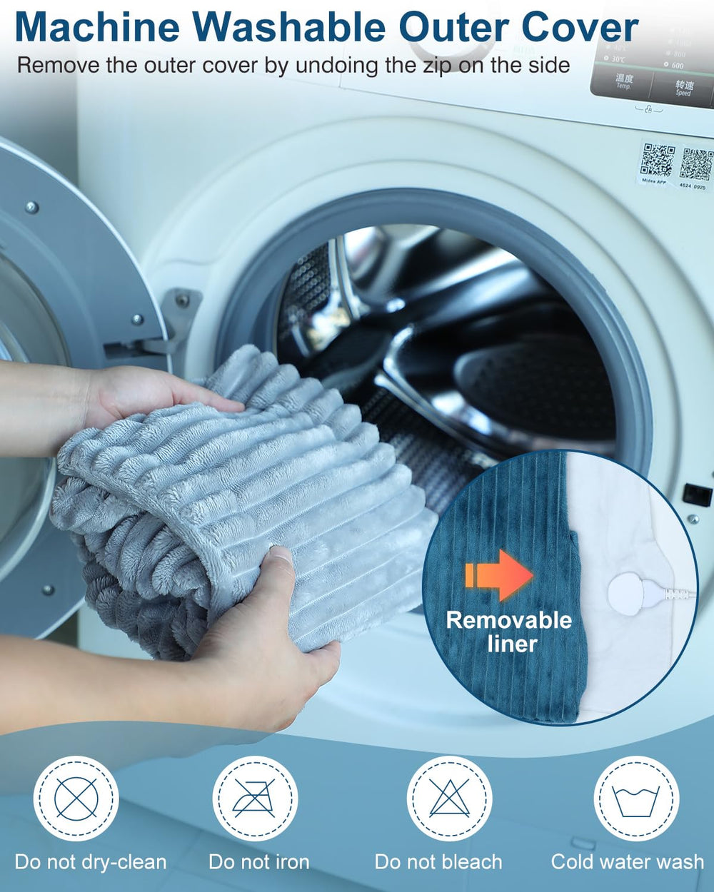 Dowin soft flannel cover is removable and machine washable.