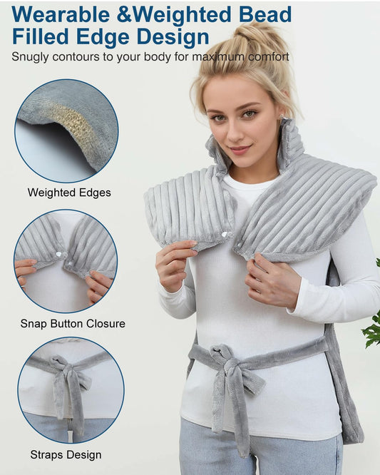 Dowin massaging heating pad features massage motors for targeted upper-body relief.