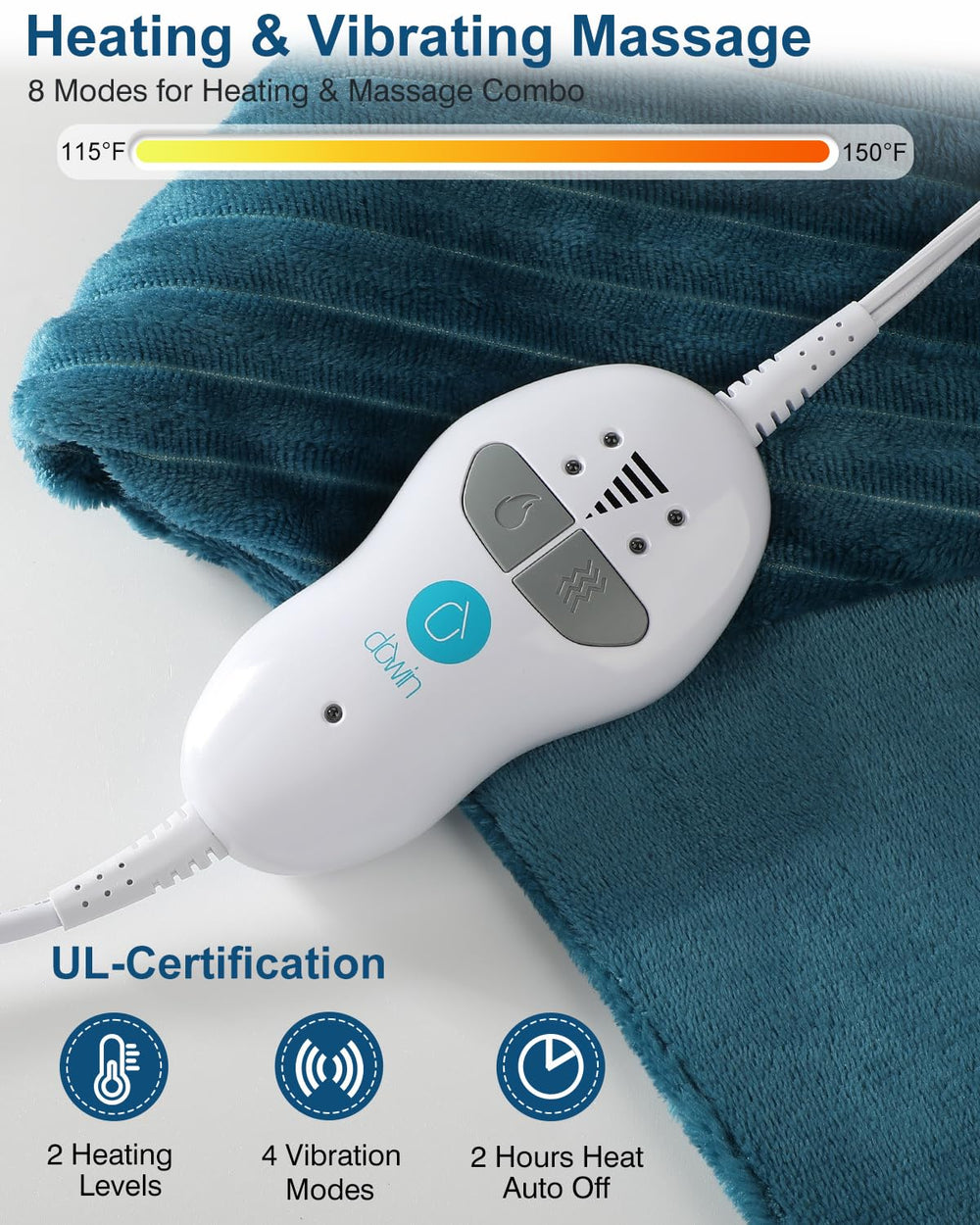 Dowin adjustable heat settings from 105 to 135 degrees Fahrenheit.