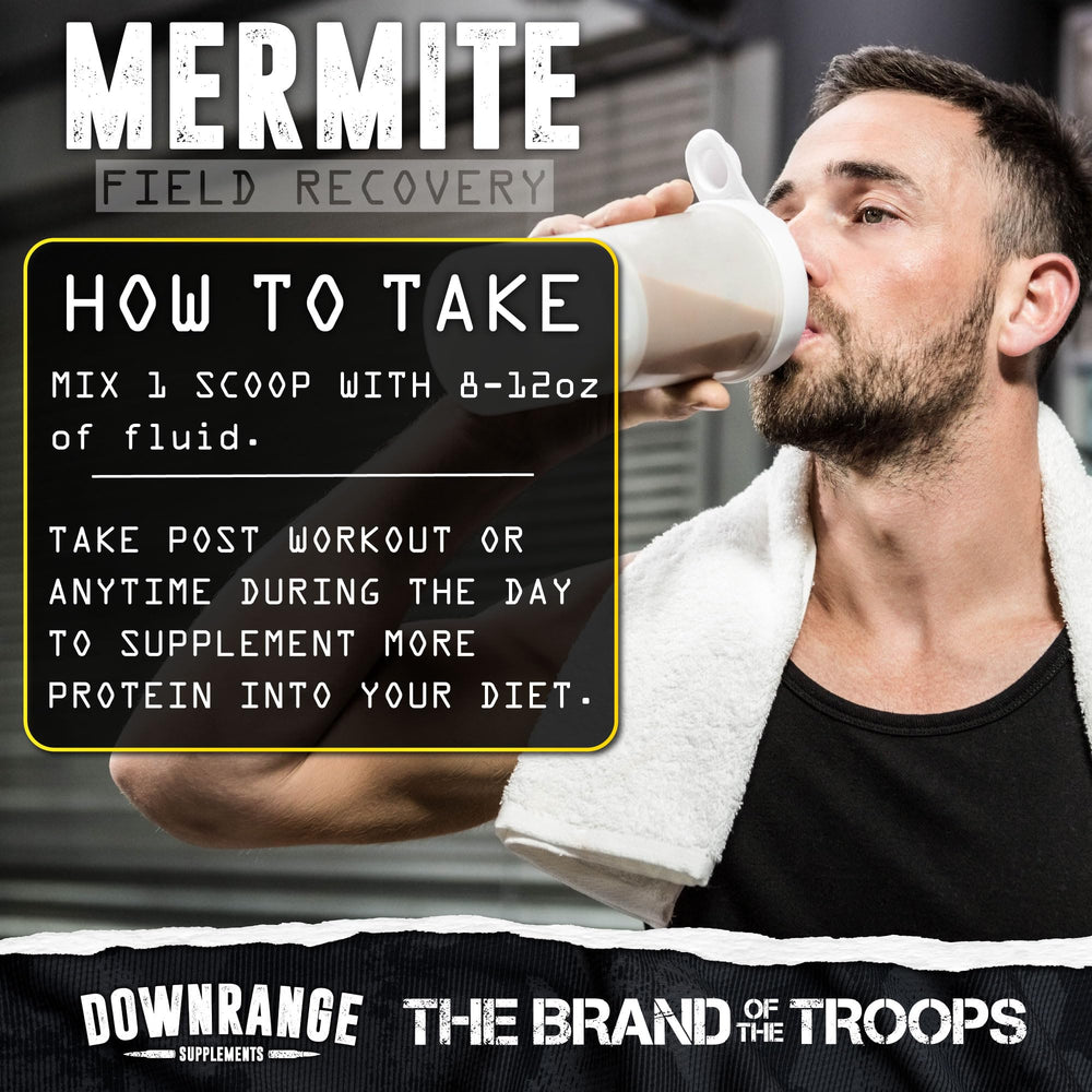 DownRange Mermite whey protein powder being mixed in a glass with water