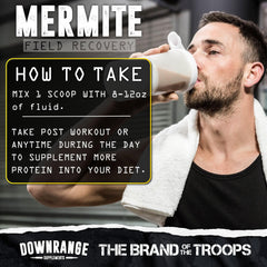 DownRange Mermite whey protein powder being mixed in a glass with water