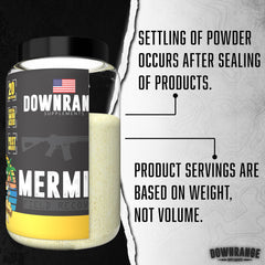 DownRange Mermite protein label close-up highlighting 20 g protein and 9 g EAAs