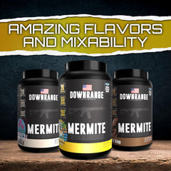 DownRange Mermite whey vanilla label closeup with nutrition details.