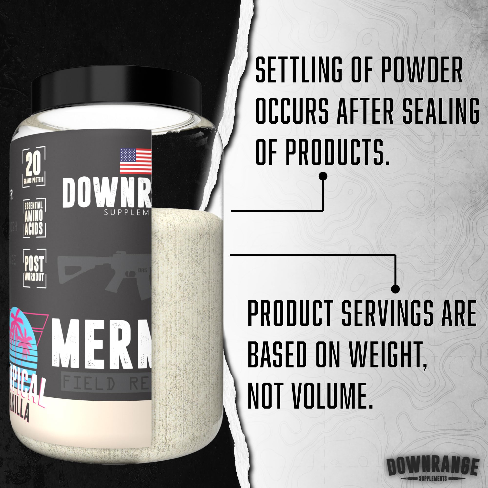 DownRange Mermite whey vanilla nutrition panel highlights protein per serving.