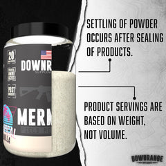 DownRange Mermite whey vanilla nutrition panel highlights protein per serving.