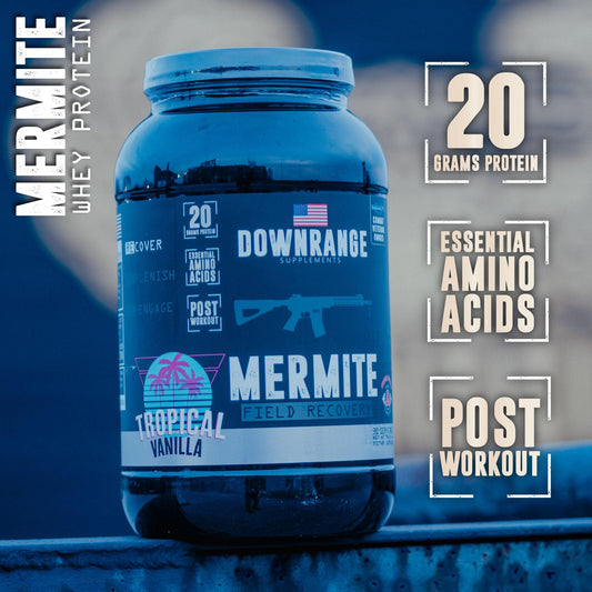 DownRange Mermite whey vanilla shake in a glass for quick protein refuel.