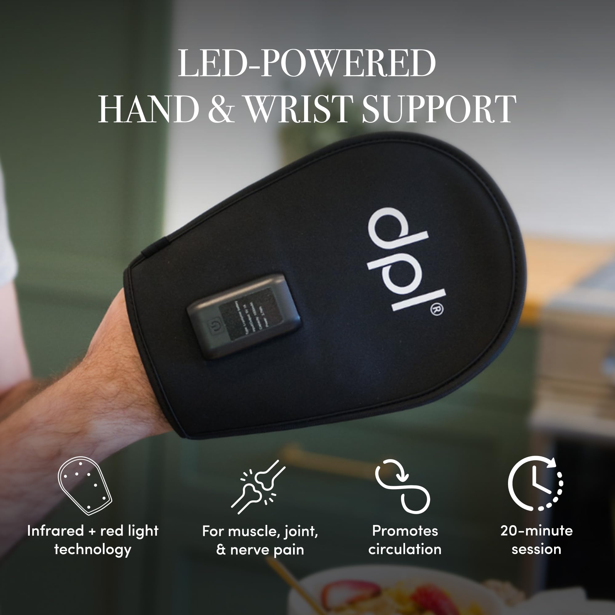 dpl Flex Mitt on hand illustrates convenient, cordless therapy you can use anywhere