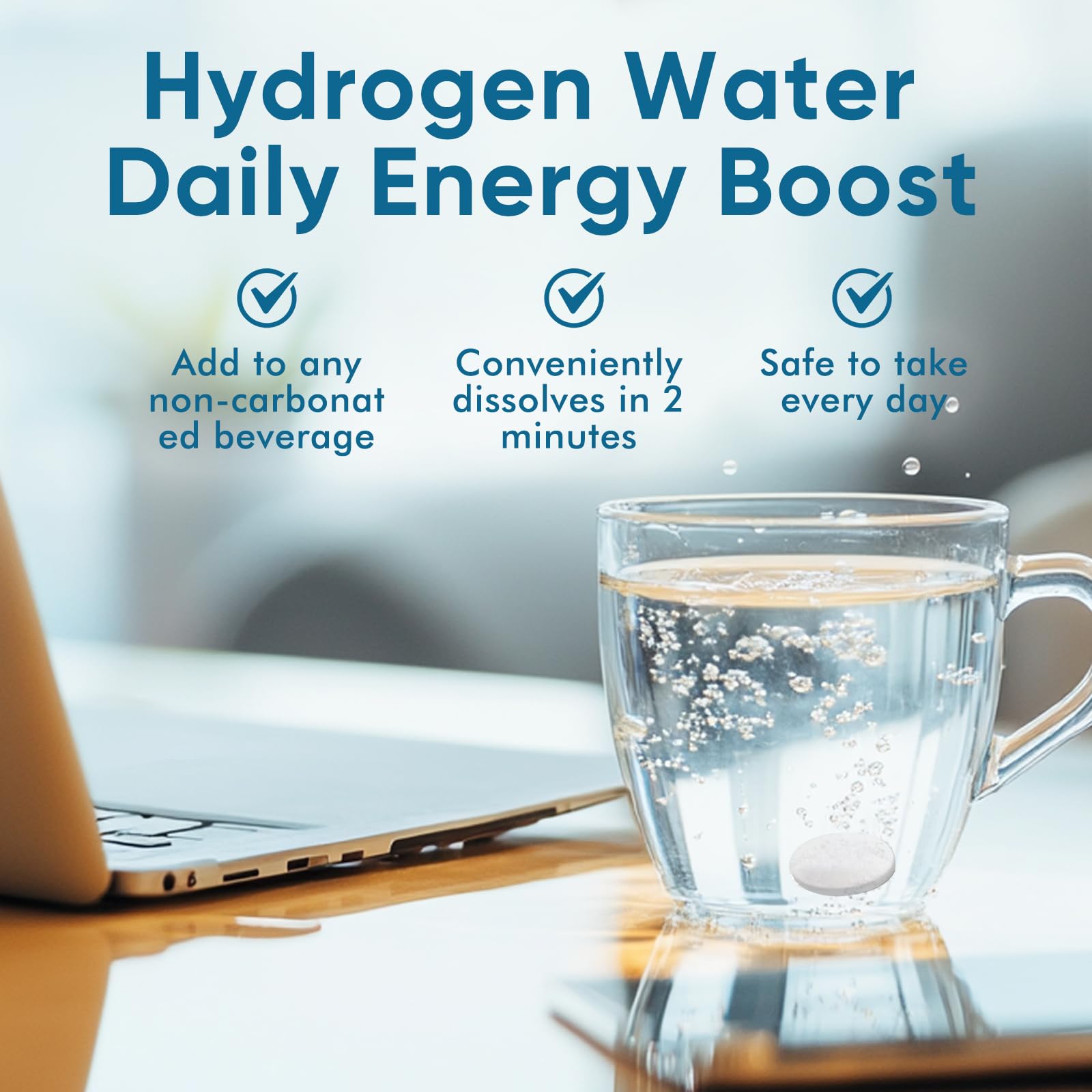 Front view of DQQI hydrogen tablets packaging on display