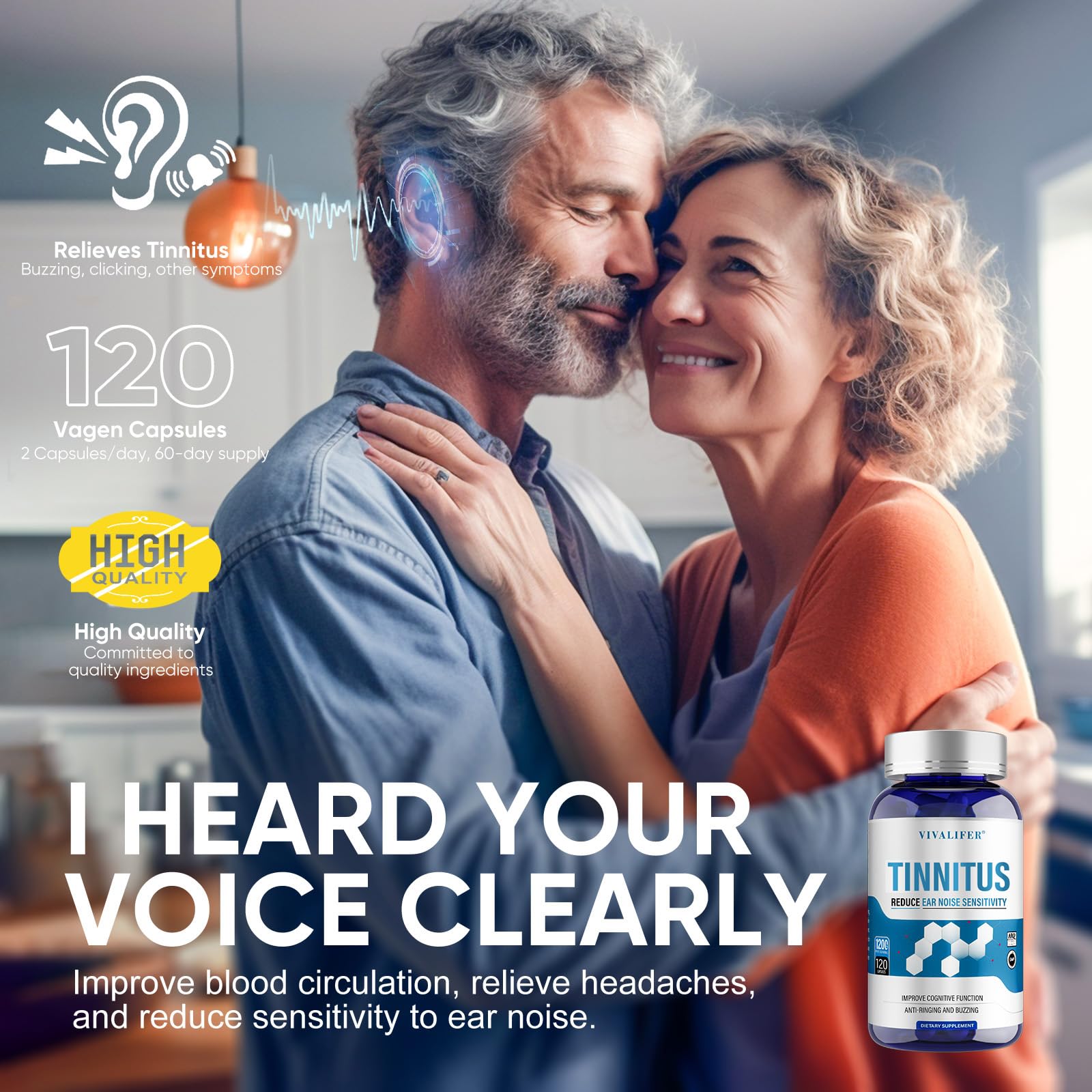 DQQI Tinnitus Relief bottle label highlighting vitamin C and B complex