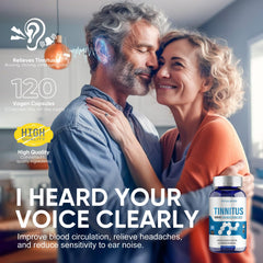 DQQI Tinnitus Relief bottle label highlighting vitamin C and B complex