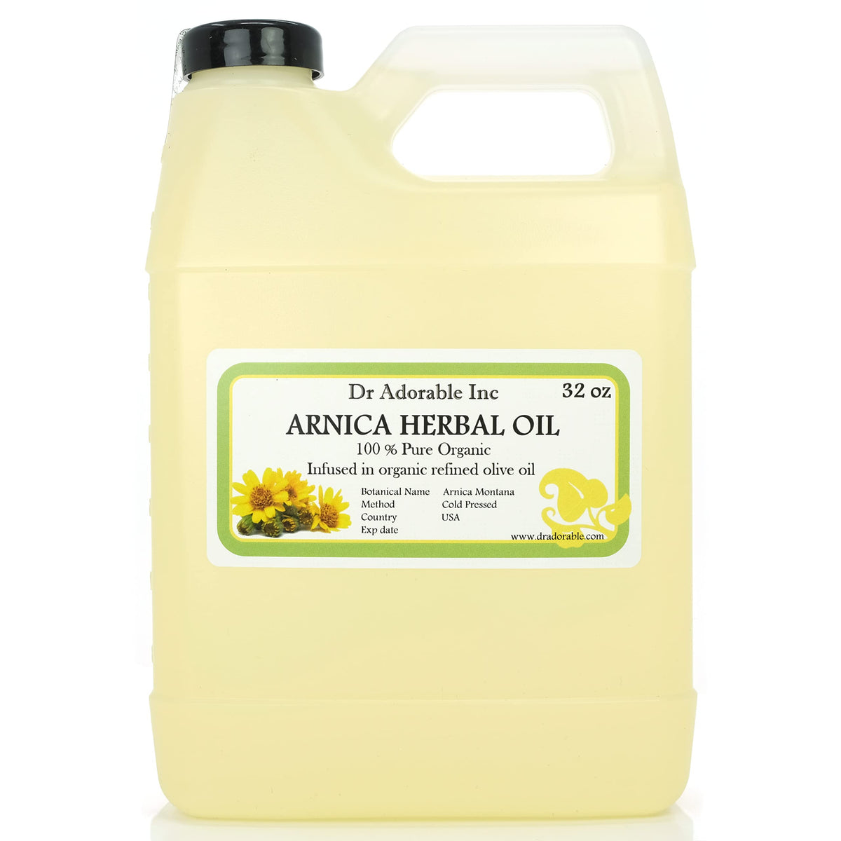 Dr Adorable Arnica Oil 32 oz bottle close-up for skin and hair care.