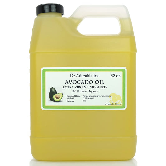 Dr Adorable Avocado Oil bottle close-up showing pure, unrefined formula for skin and hair.
