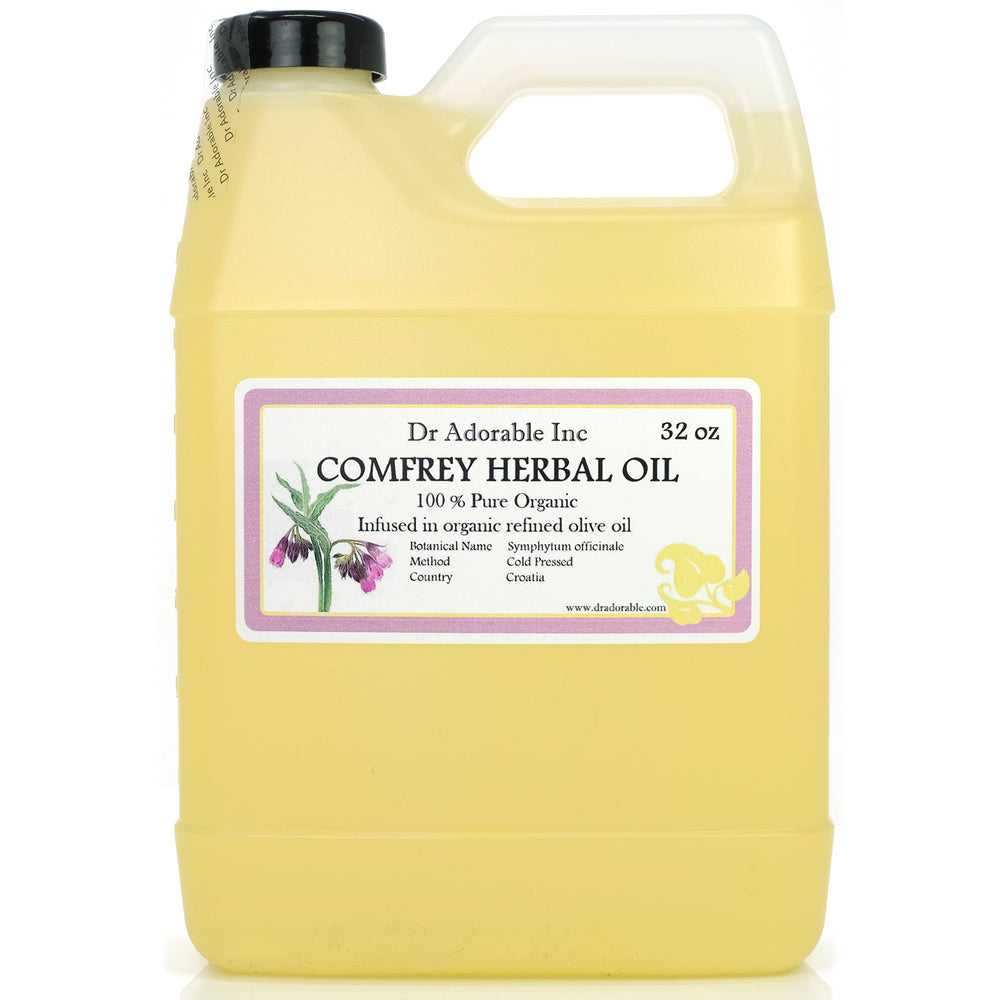 Dr Adorable Comfrey Herbal Oil bottle on wood for skin nourishment.