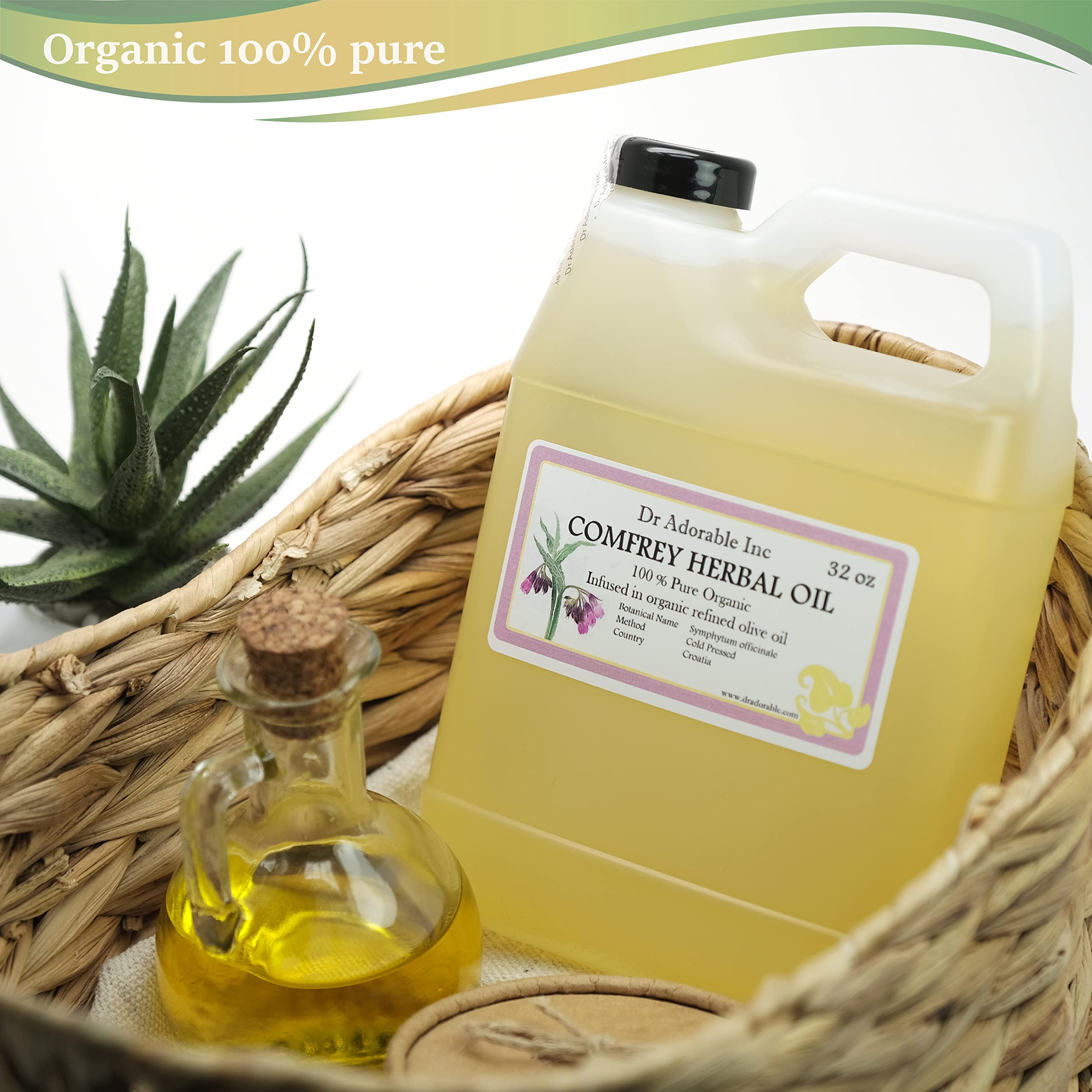 Dr Adorable Comfrey Herbal Oil label highlights purity and quality.