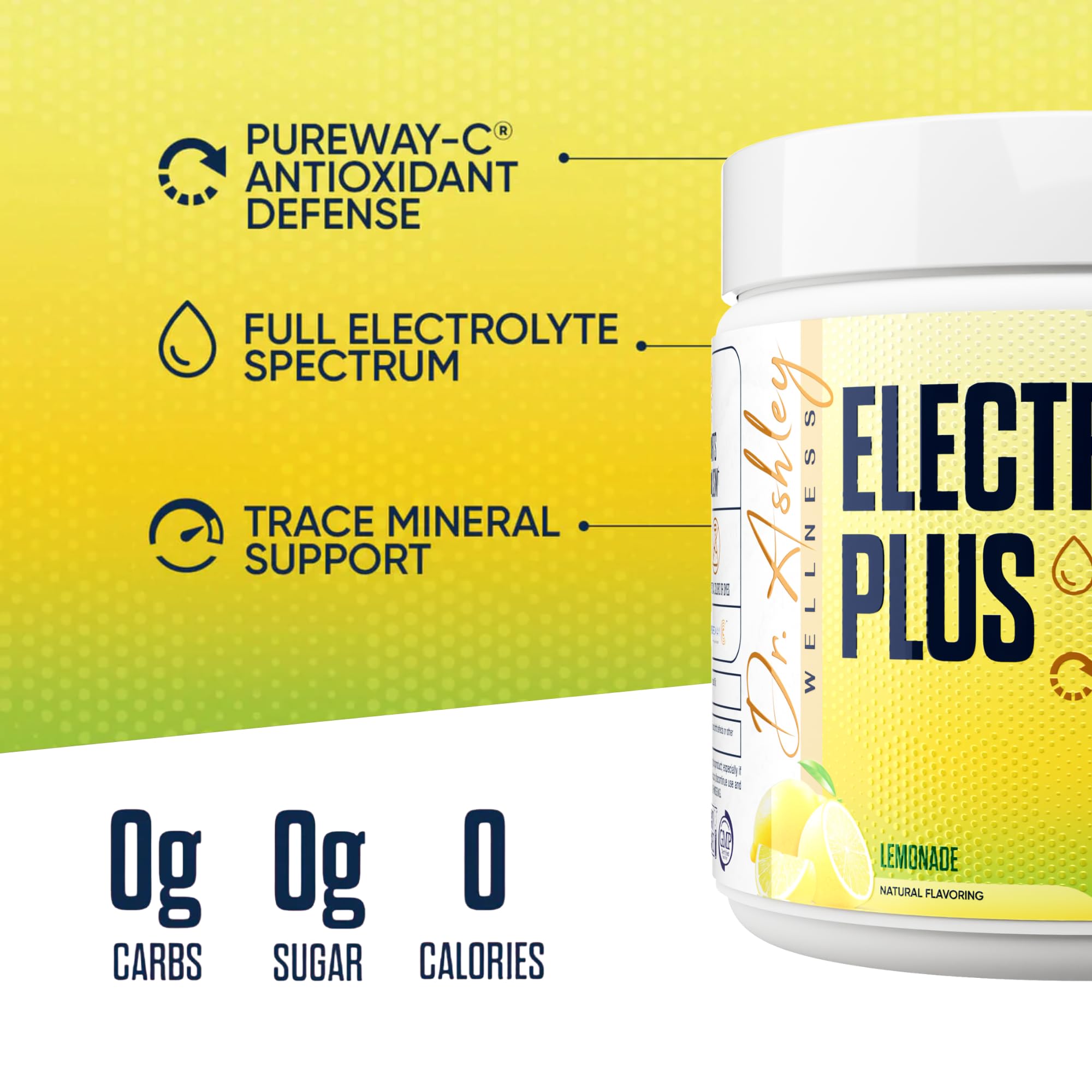 Dr. Ashley Wellness Electrolyte Plus lemonade glass with ice and condensation.