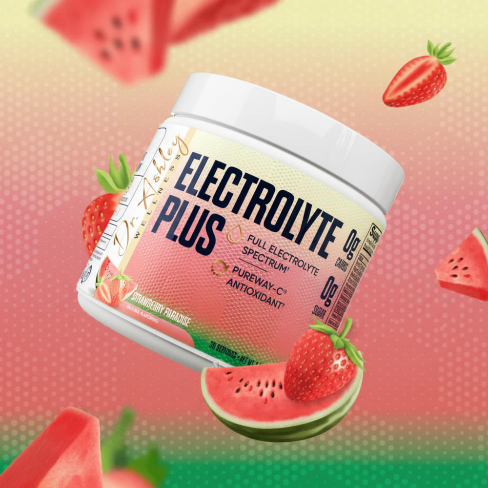 Dr. Ashley Wellness Electrolyte Plus Strawberry Paradise ingredients panel shows full spectrum electrolytes