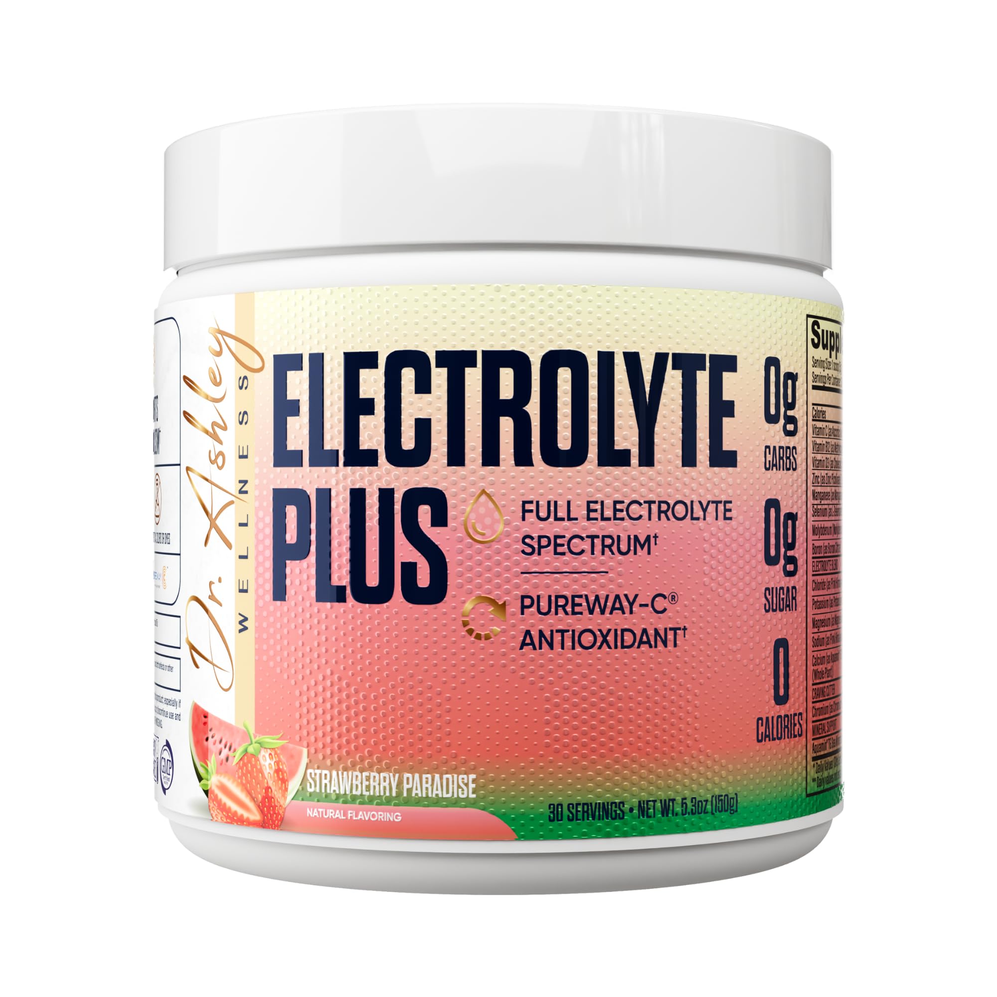Dr. Ashley Wellness Electrolyte Plus Strawberry Paradise jar shows full-spectrum hydration support