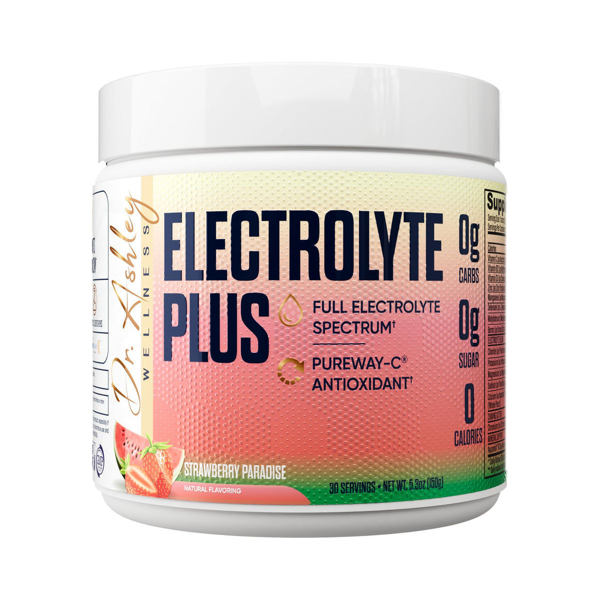 Dr. Ashley Wellness Electrolyte Plus Strawberry Paradise jar shows full-spectrum hydration support