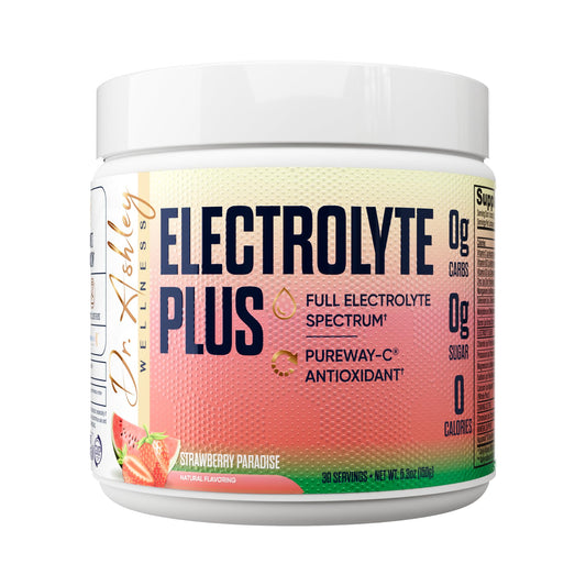 Dr. Ashley Wellness Electrolyte Plus Strawberry Paradise jar shows full-spectrum hydration support