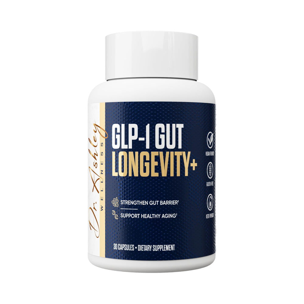 Dr. Ashley Wellness GLP-1 Gut Longevity bottle highlighting gut barrier support potential