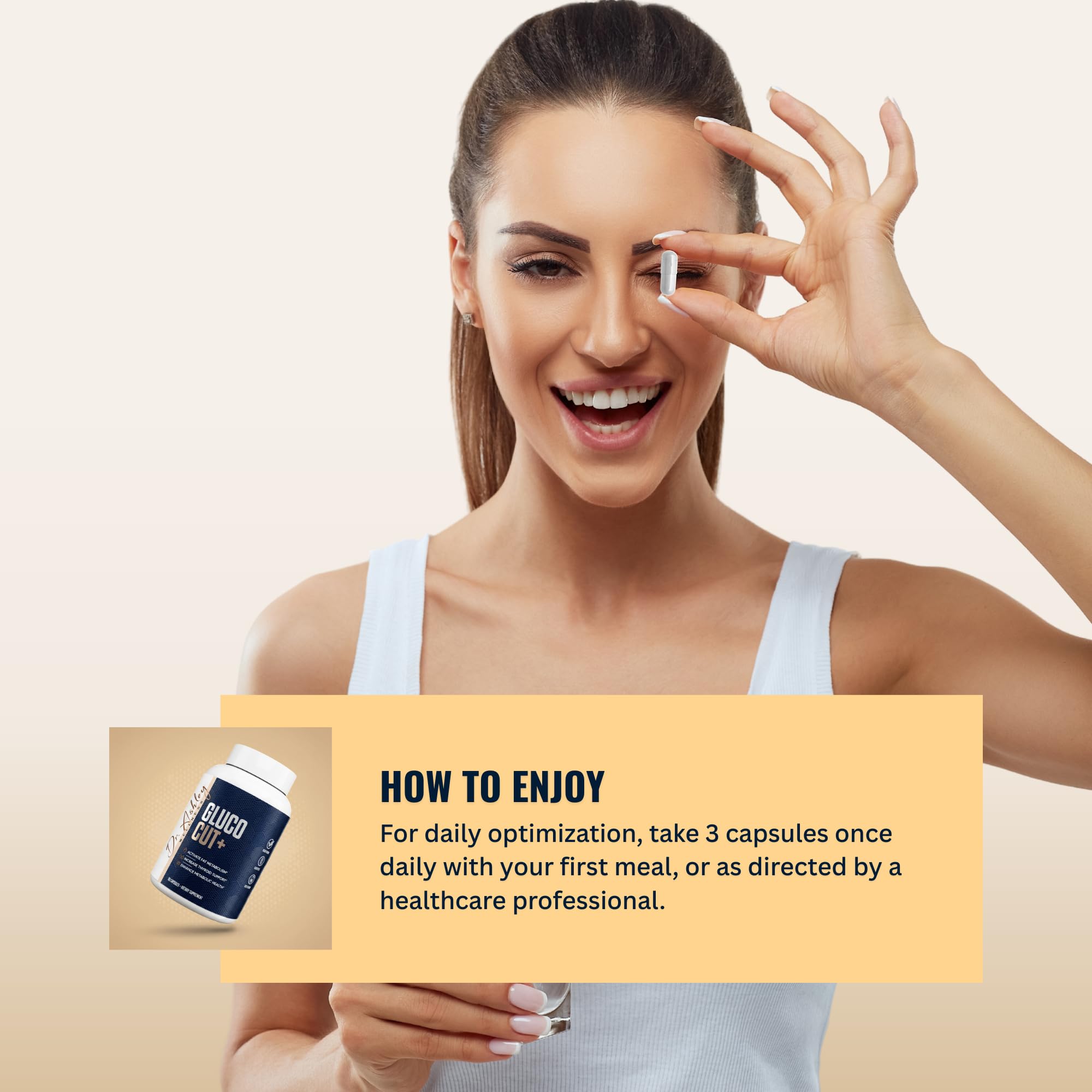 Dr. Ashley Wellness GlucoCut+ information insert with usage tips.