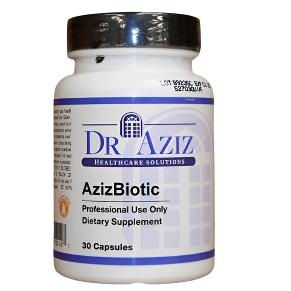 Dr Aziz AzizBiotic bottle front showing 30 capsules for gut health support