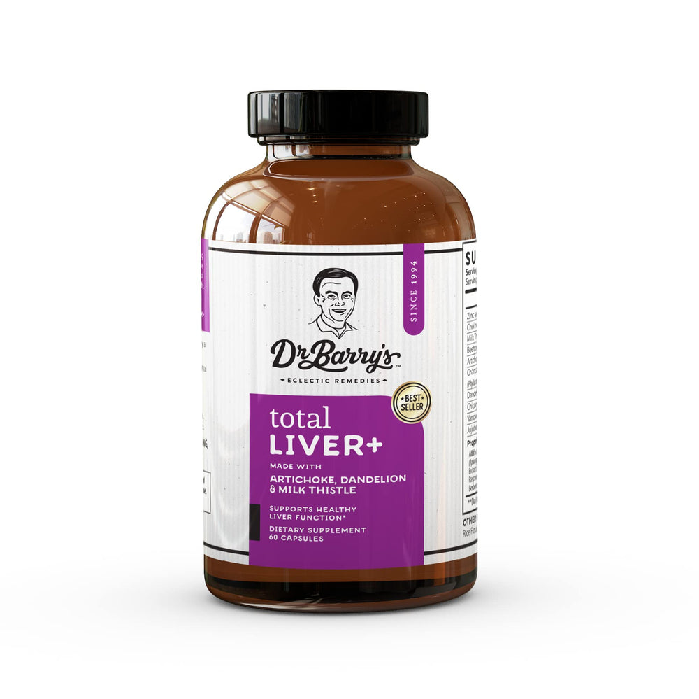 Dr. Barry's Total Liver Supplement bottle on a clean counter supporting daily detox.